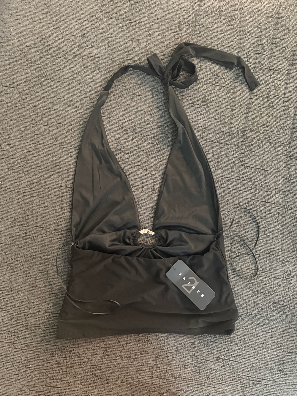 Black Halter Tie-Back Top with Knot Accent